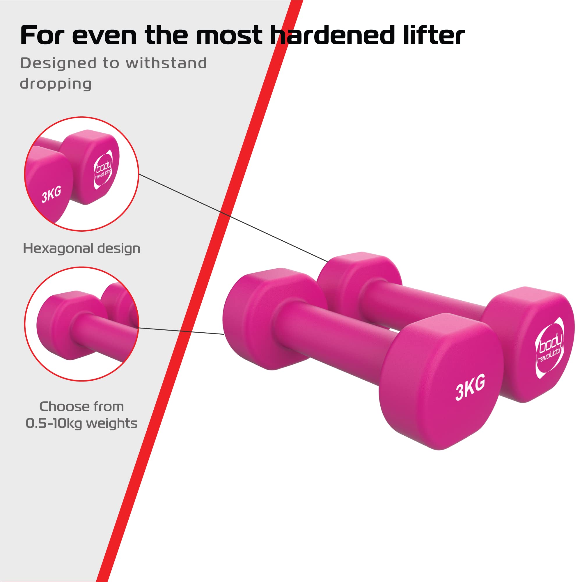 Hantle neoprenowe 0,5 kg - 10 kg - powlekane hantle żeliwne, ciężarki do ćwiczeń cardio, aerobik i HIIT - sprzęt gimnastyczny do treningu siłowego w domu i treningów od Body Revolution