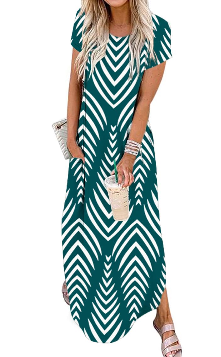 Jeqeocafy Women Summer Long Sundress Crewneck Short Sleeve Maxi Dress 2026 Casual Loose Beach Dress with Pockets