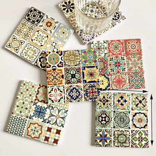 MOMOAO コースター 5個セット おしゃれ 立体 茶たく 茶托 カラフル 華やかな模様 カップホルダーマット 速乾性吸水 レトロ 陶器 耐熱 防水 コップ 誕生日 プレゼント キッチン ファミリー 癒やしグッズ パーティー インテリア プレゼント 母の
