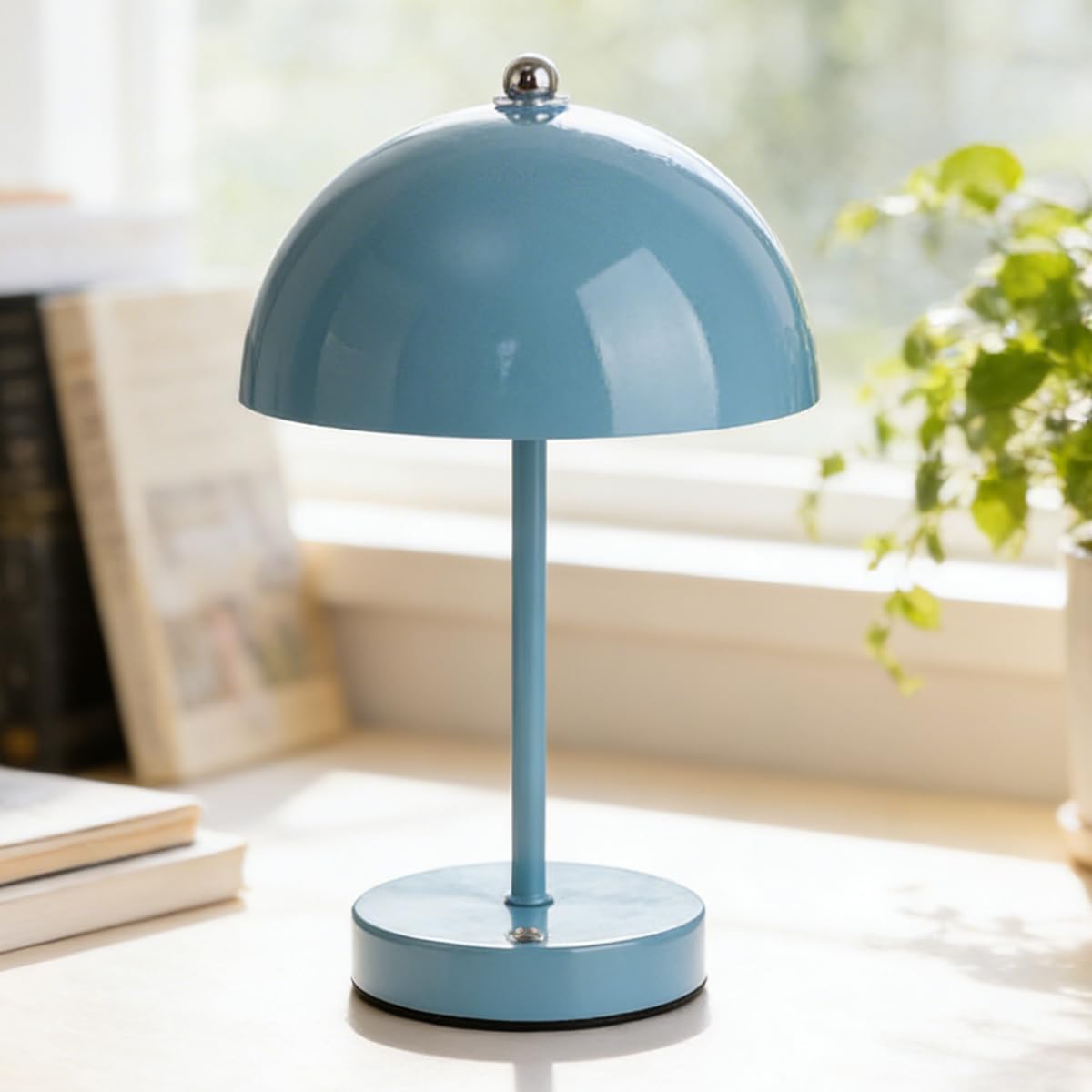 OOWOKS Wireless Table Lamp with Mushroom-Shaped Touch Control, Rechargeable, 3 Colour Temperatures, Dimmable LED Bedside Lamp with 1800mAh Battery, Colourful Macaron-Style Decorative Table Light,Blue