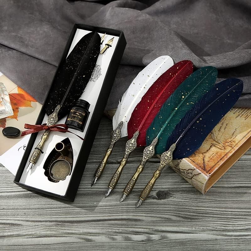 Image of Levin Vintage Carving Feather Pen Set Feather Dip Quill Pen Writing Ink Set Calligraphy Writing Dip Pen Calligraphy Pens Set for Beginners with Quill Pen Set with Ink - (Multicolor)