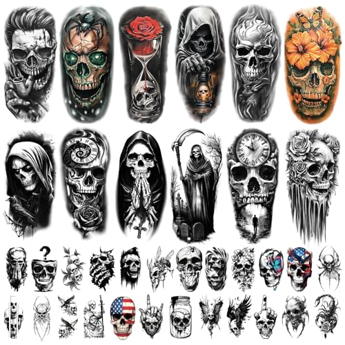 77 Sheets Skeleton Skull Temporary Tattoo for Women Men, 17 Sheets Half Arm Large Flower Spider Owl Fake Tattoos, 60 Sheets Black Scary Halloween Cosplay Tiny Adult Kid Body Tattoos Stickers Realistic