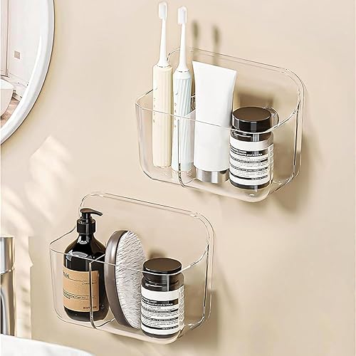 Diesisa 2 organizadores de plástico para montaje en pared, organizador adhesivo transparente para puerta de gabinete, estantes de baño para pared,
