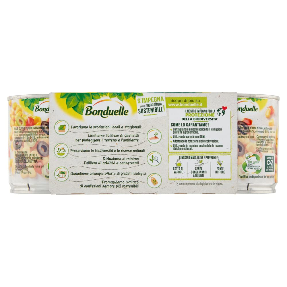 3 x Bonduelle Maíz Mix Maíz Olive e Pepperoni maíz dulce y crujiente con aceitunas y pimientos picantes (3 x 170 g)