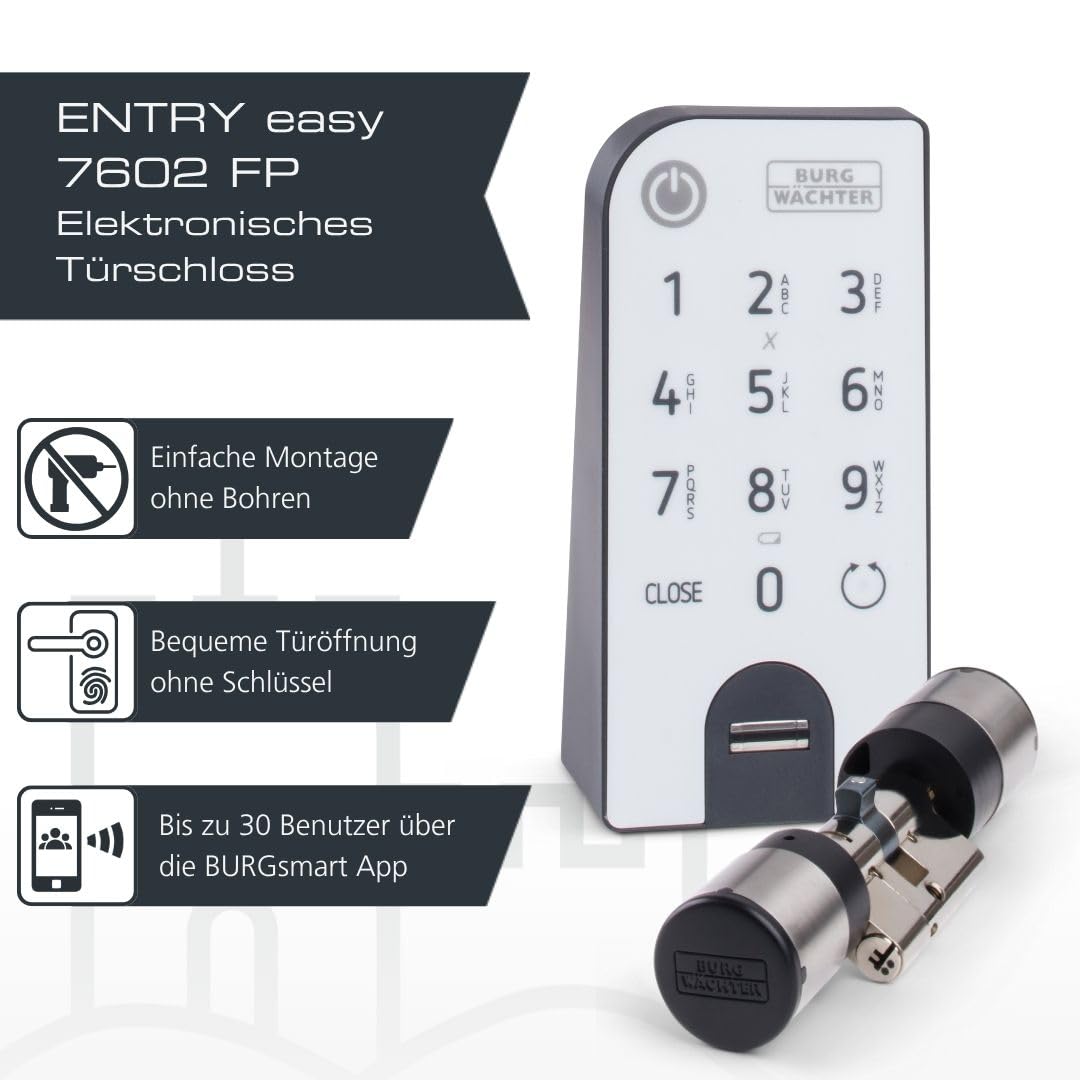BURG-WÄCHTER Elektronisches Türschloss, Zylinder und Keypad, Öffnung mit App, Fingerprint, Pincode oder Funkschlüssel, ENTRYeasy 7602 FP, Schwarz/Edelstahl, Biometrisch