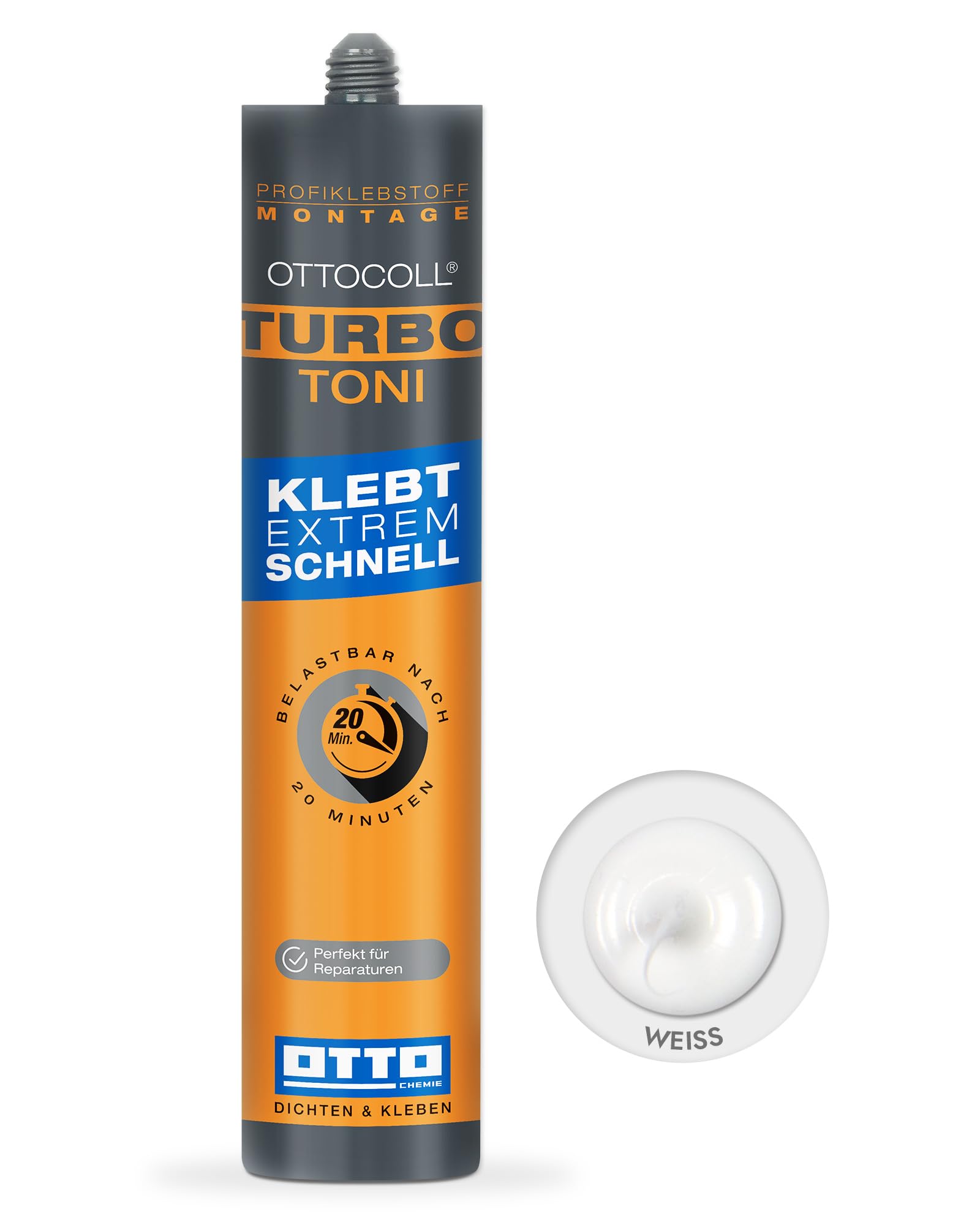 12 x OTTO-COLL TURBOTONI biały 290 ml – klej hybrydowy 1K, super szybki, elastyczny, do drewna, metalu, kamienia, płytek, wewnątrz i na zewnątrz