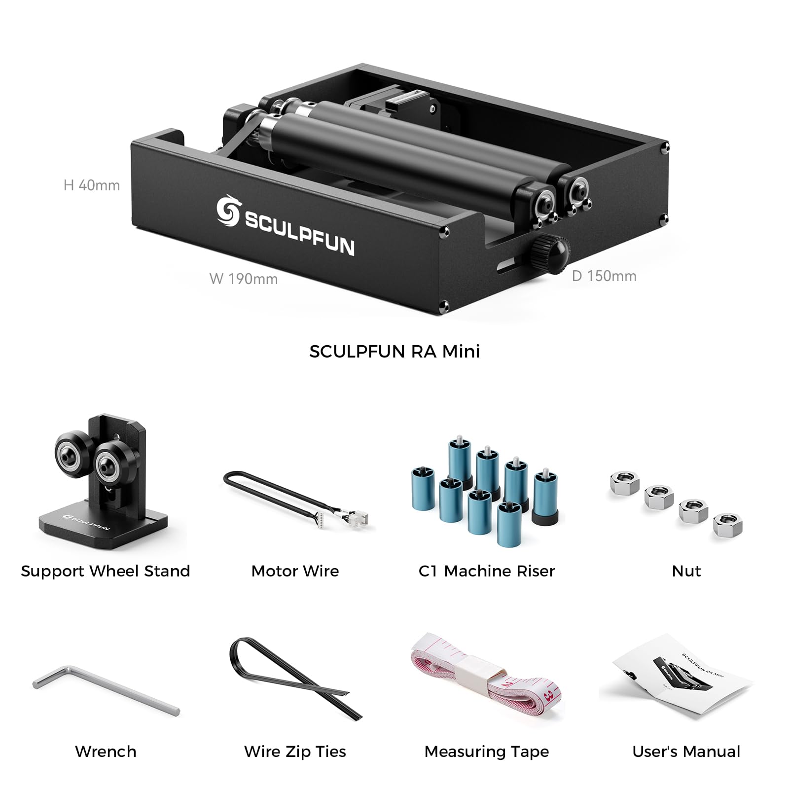 SCULPFUN RA Mini Laser - Rodillo giratorio para cilindros de 5-100 mm | Compatible con C1, iCube e iCube Ultra. 100 % premontado, 70 A ejes de goma para grabado 1:1 sin distorsión alguna