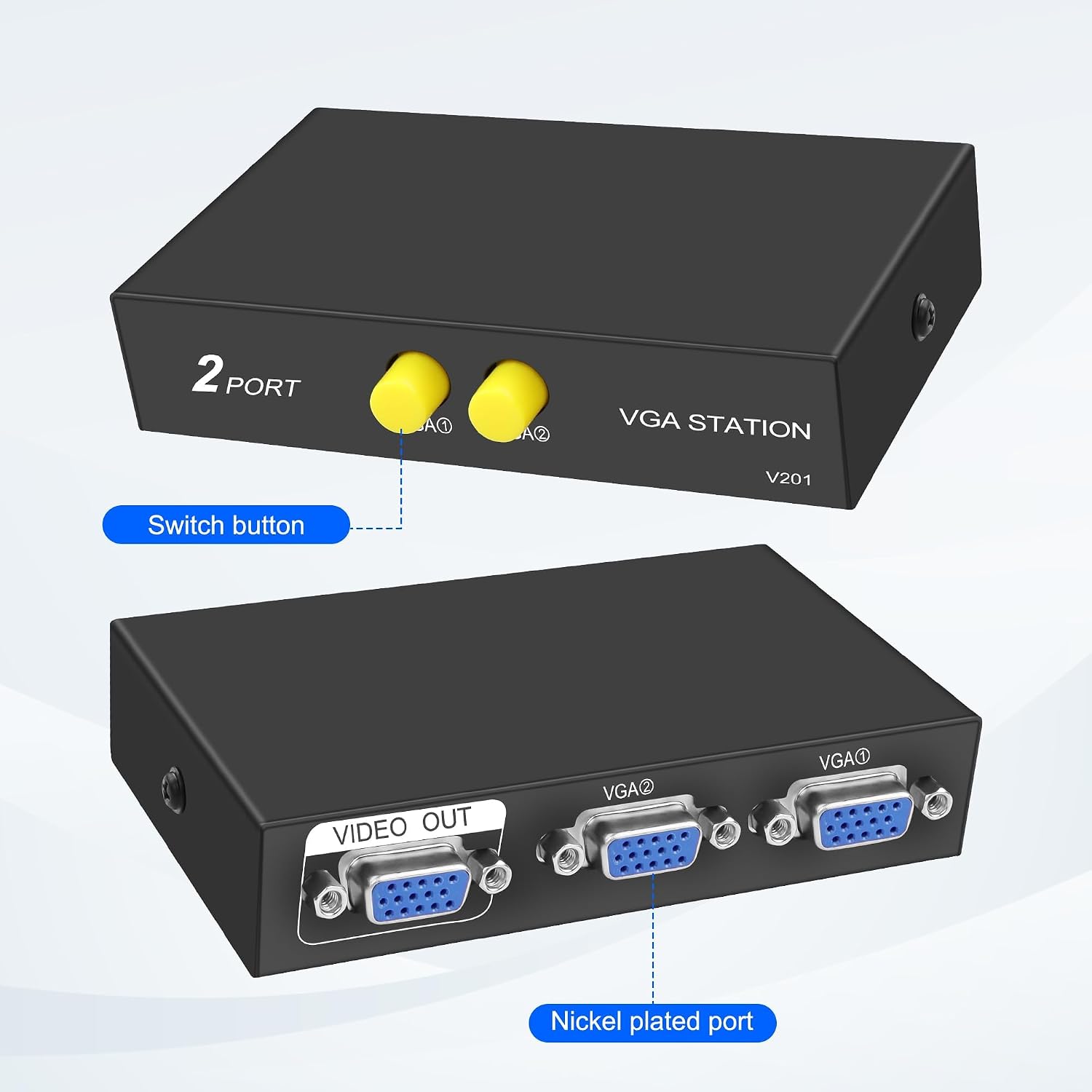 XMSJSIY VGA Switch Box 2 in 1 Out VGA Audio Video Switcher Splitter Dual Monitor 1080P 2 Port VGA Video Sharing Selector Adapter Support VGA, XVGA, SVGA, UXGA VGA Monitor Switch for PC, Projector, TV