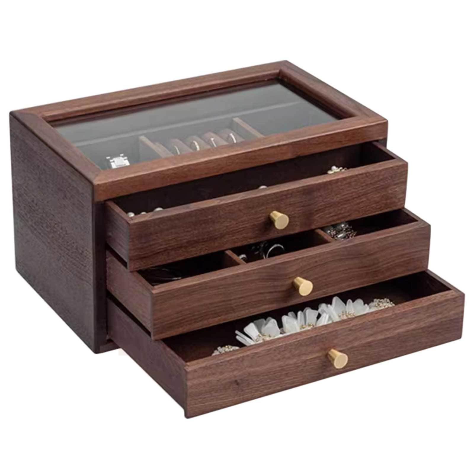 Pudełko na biżuterię, Wooden Jewelry Box With Glass Lid Organizer Drawers Multi-Compartment 3-Layer Walnut Color