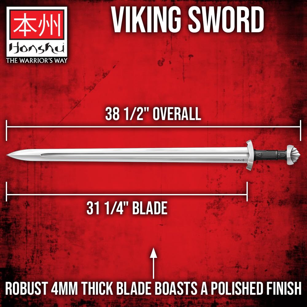 Honshu Viking Sword with Scabbard | 4MM Thick 1060 Carbon Steel Blade | Black Thermoplastic Rubber Handle | Tactical Update of Classic Viking Craftmasnhsip | 38 ½