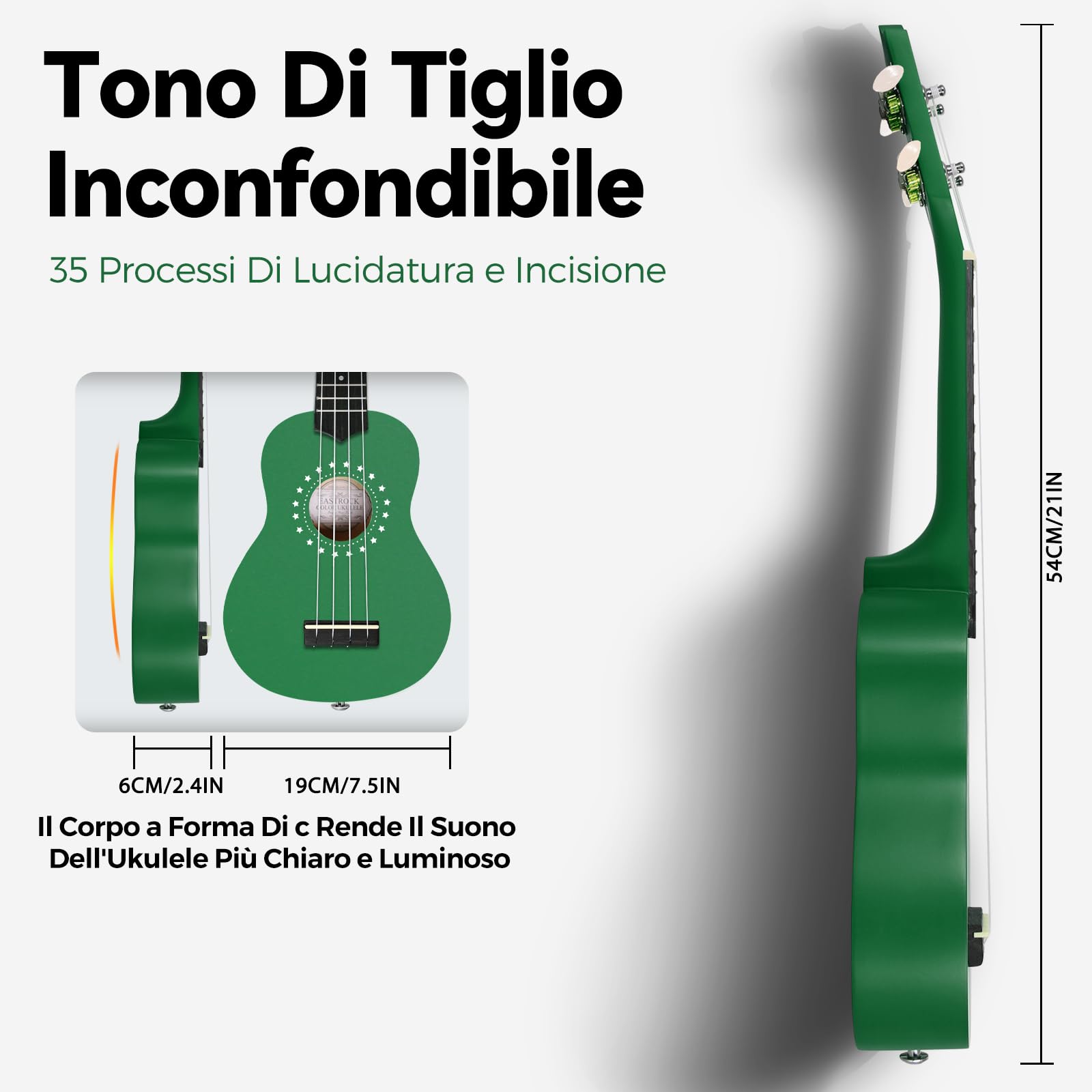EastRock Ukulele soprano 21 pollici, ukulele kit per Bambino Principiante con borsa,string, instruction manual (verde)