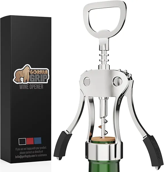 GORILLA GRIP BPA-Free Sharp Wine Opener, Heavy Duty Zinc Alloy Wing Corkscrew, Multifunctional Bottle Opener, Remove Corks or Cap, Easy to Use Bar Cork Screw, Dishwasher Safe Kitchen Essentials, Black