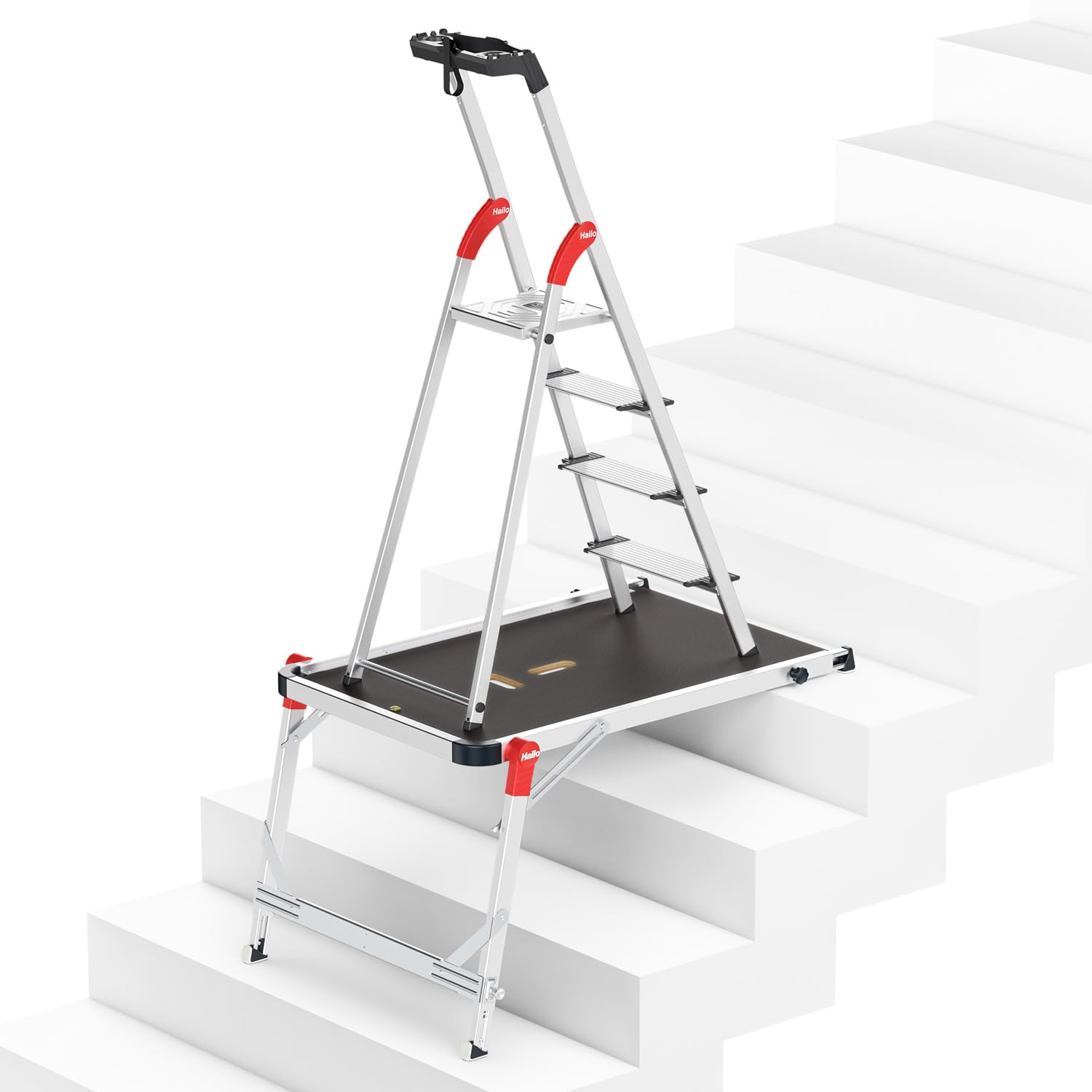 Hailo Silver L80 Comfortline Step Ladder Set With Tp1 Stair Pedestal - Folding Aluminium Ladder With 4 Xxl Safety Steps - Work Platform With Sturdy Aluminium Frame - Maximum Load 150 Kg
