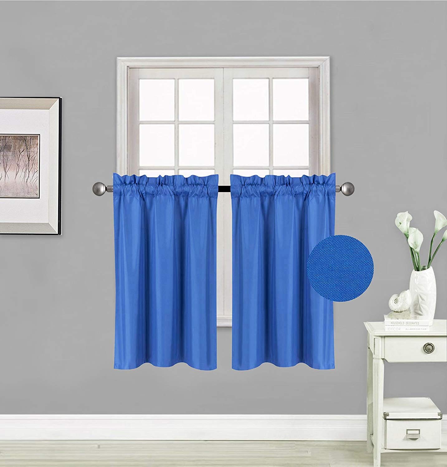 2 Blackout Tiers Short Curtains Half Window Curtains for Bedroom, Privacy Curtain Tiers for Windows, Energy Saving Curtain Tiers for Bathroom Shades #R5, 30" W X 36" L, (Royal Blue)