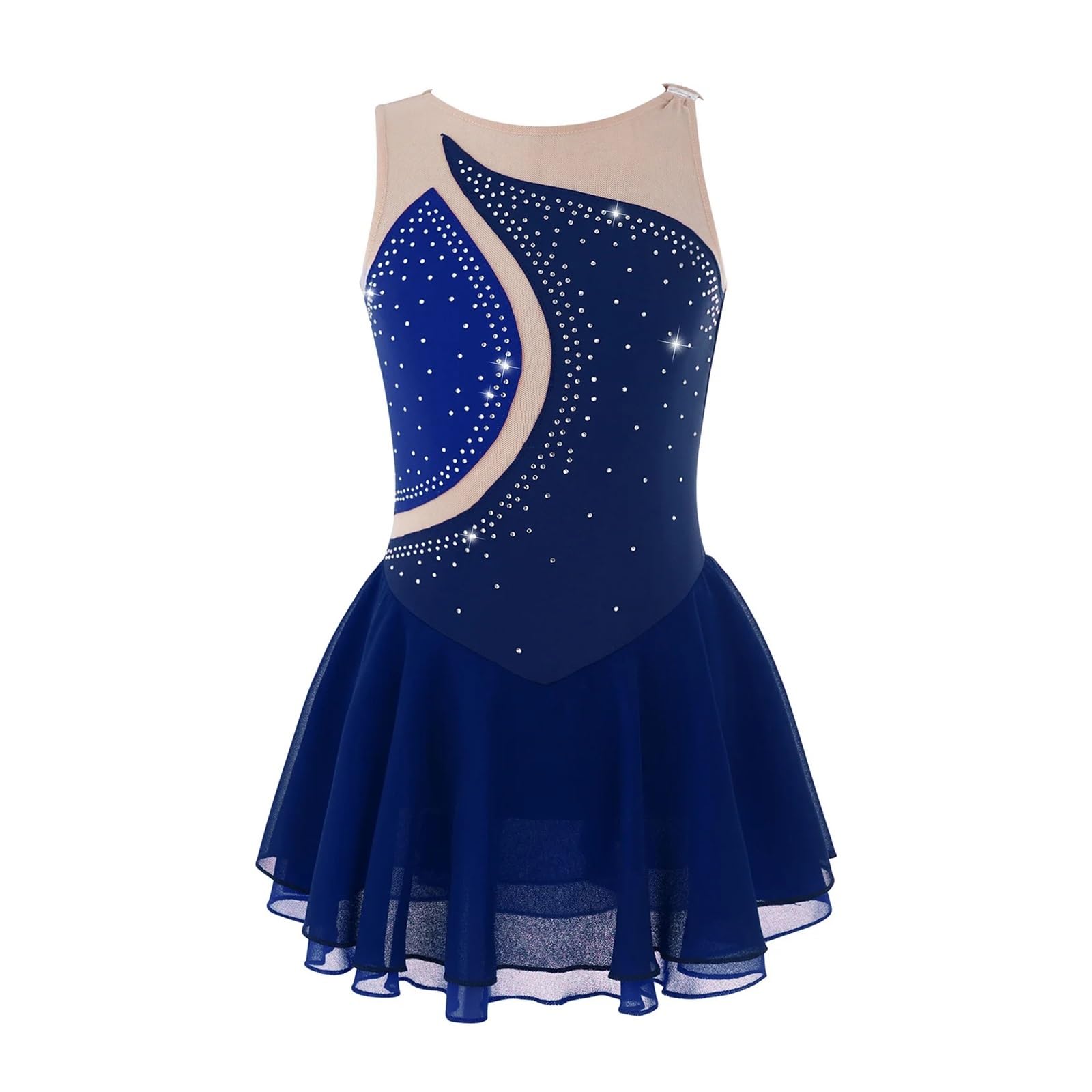 Medias Patinaje Artistico Niña Vestido de patinaje sobre hielo for niñas, vestido de Ballet sin mangas con empalme de malla con diamantes de imitación, trajes de actuación de leotardo de gimnasia(Dark