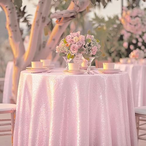 Miniatura 5 de Pink Sequin Tablecloth 90" Glitter Metallic Table Cover Round Sparkle Tablecloth for Easter Birthday Christmas Parties Showers Weddings
