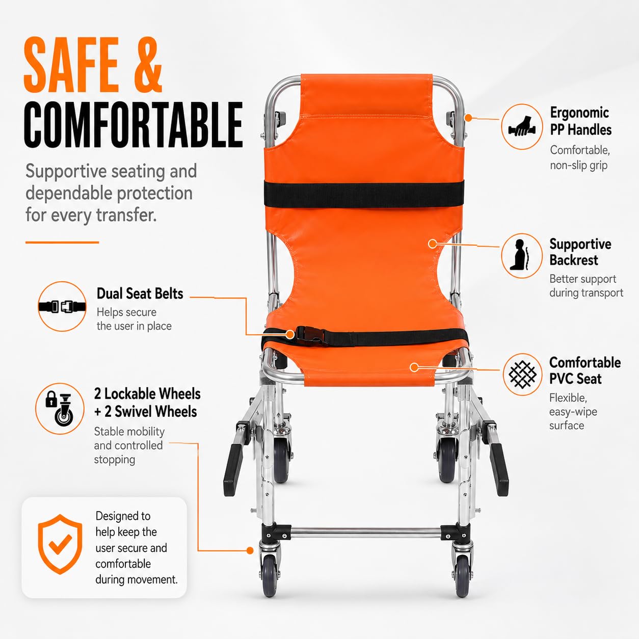 EMS Sedia pieghevole per scale di emergenza, capacità di carico 160 kg, con cinture di sicurezza per soccorso ed evacuazione di anziani e persone con mobilità ridotta