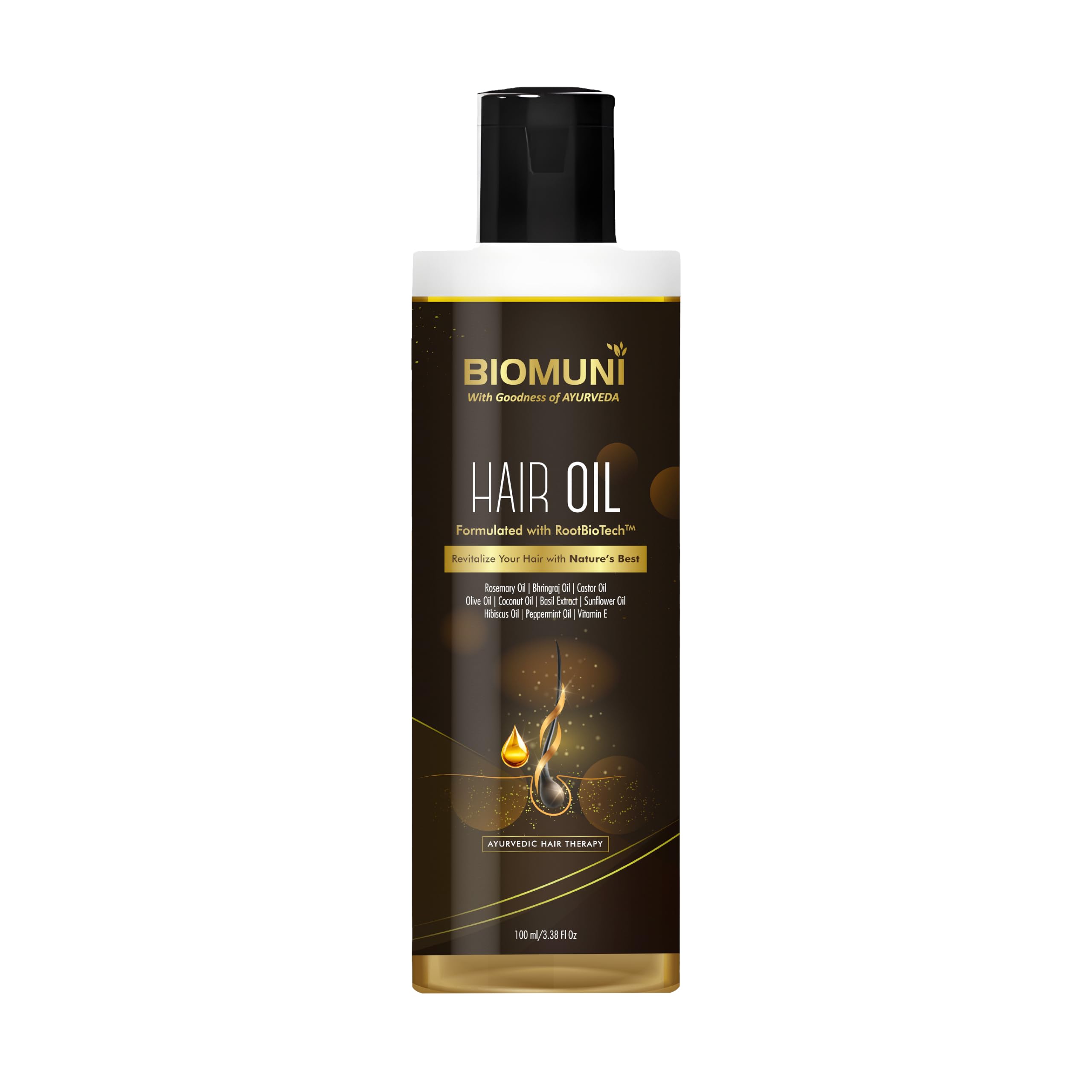 BIOMUNI Advanced Hair Growth Oil with Goodness of Ayurveda | Blend of 10 Natural Ingredients- Rosemary + Bhringraj + Castor + Olive + Coconut + Basil + Sunflower + Hibiscus + Peppermint + Vitamin E | Mineral Oil Free | For Men & Women |100 ml