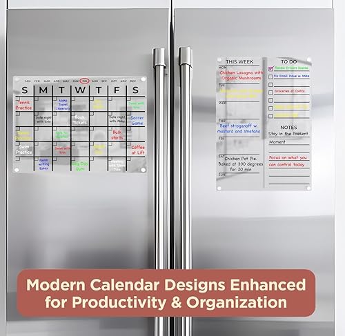 Miniatura 2 de Calendario acrílico para refrigerador, 2 juegos de calendario transparente para refrigerador con 6 marcadores brillantes, calendario magnético