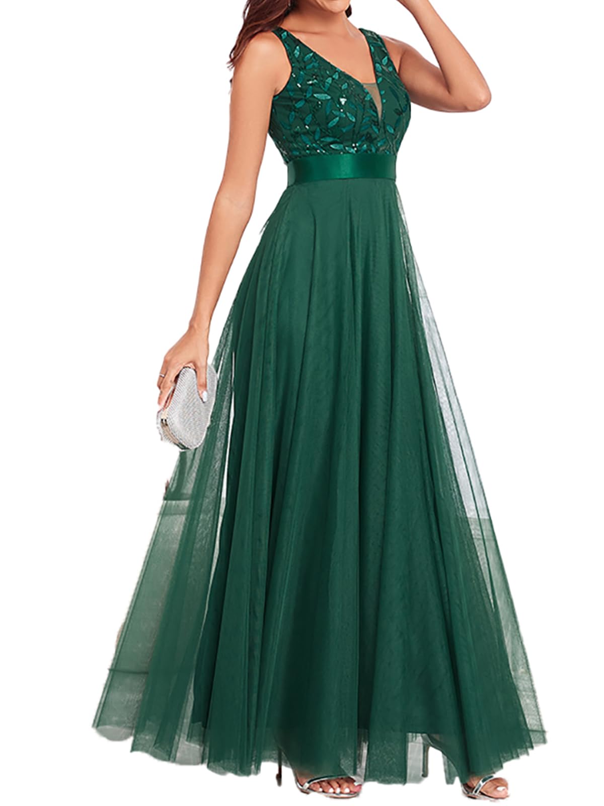 Womens Formal Dresses Long Evening Gowns Tulle V Neck Sleeveless Sparkly Sequin Cocktail Party Wedding Guest Dress