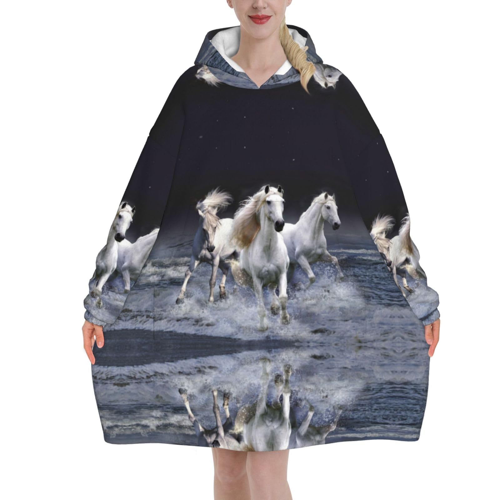 Asbwuo Unisex As Pic Horse,Women's Oversized Wearable Blanket Hoodie, Blanket Sweatshirt,Flannel Pullover Blanket