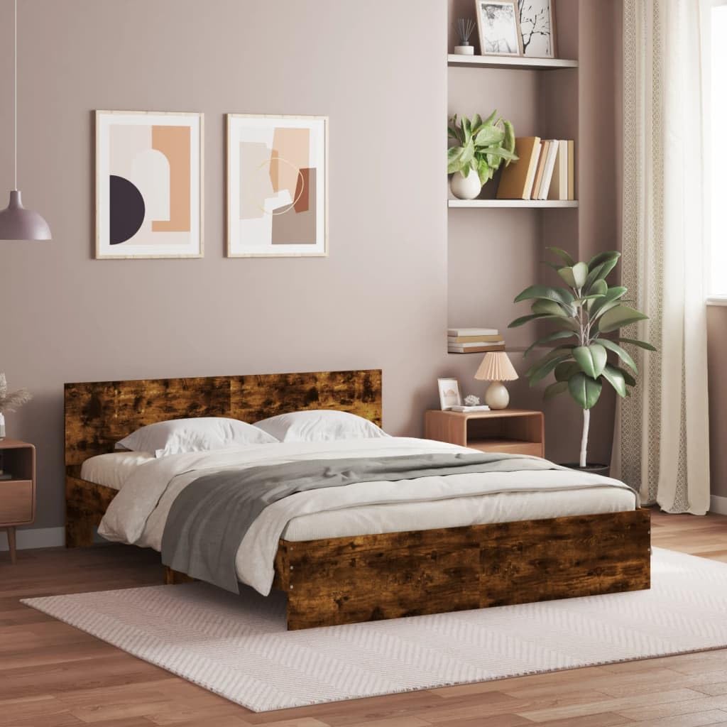 vidaXL Bed Frame with Headboard, Bed Base for Double, Mattress Foundation for Bedroom, Bedstead, Modern Style, Smoked Oak 140x190 cm