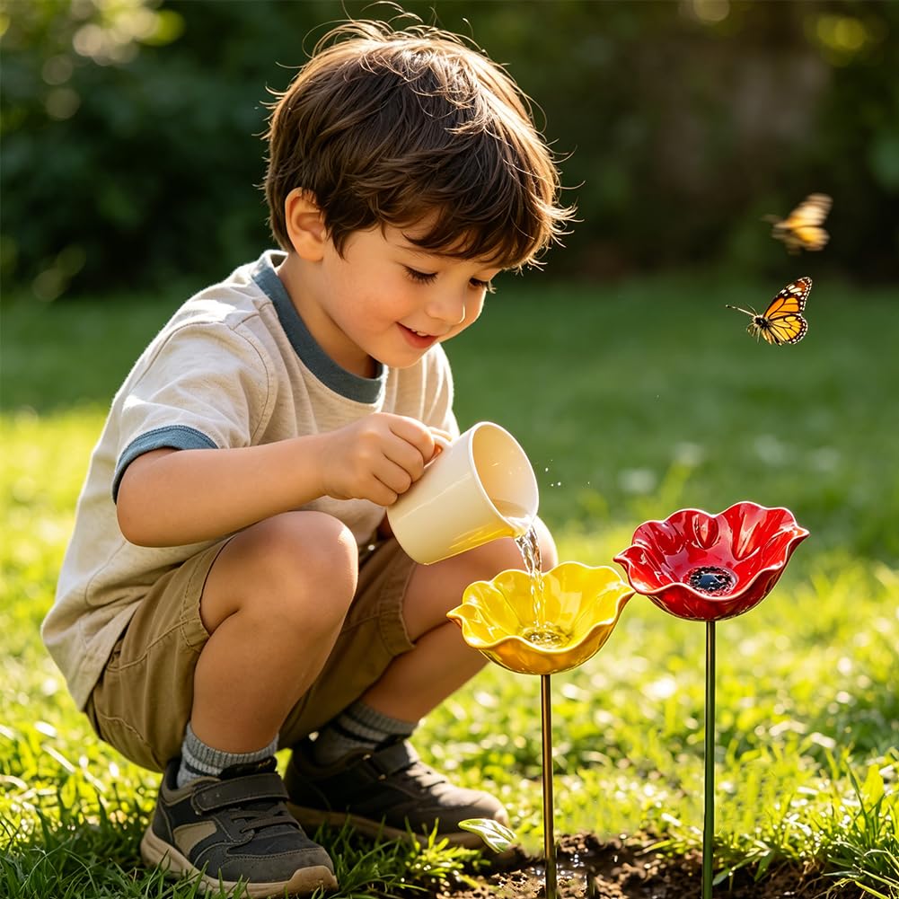 3 Stück Vogeltränke Blume, Metall Blumen Gartenstecker Vogeltränke, Dekorative Insektentränke Garten, Blumentränke für Vögel, Bienen, Schmetterlinge, Insekten (3 Stück-A)