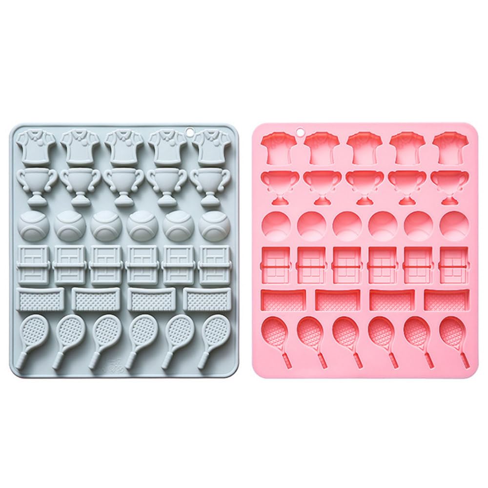Silicone Chocolate Molds, 2PCS Sports Theme Candy Moulds for Baking Jelly Ice Cube Cupcake Decorations (Football/Badminton/Table Tennis/Hockey/Tennis)