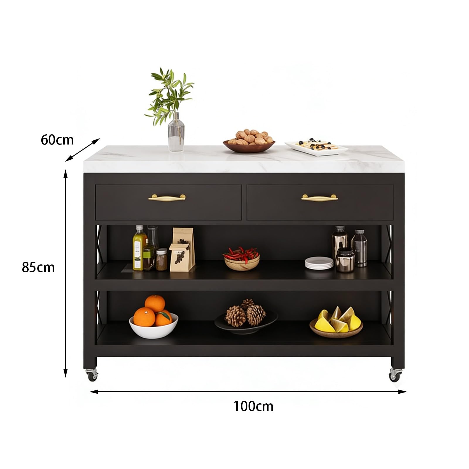 Zf9tBw5sH Unità cucina ad isola Carrello for isola da cucina con rotelle, cassetti e ripiani portaoggetti struttura in metallo piano in marmo