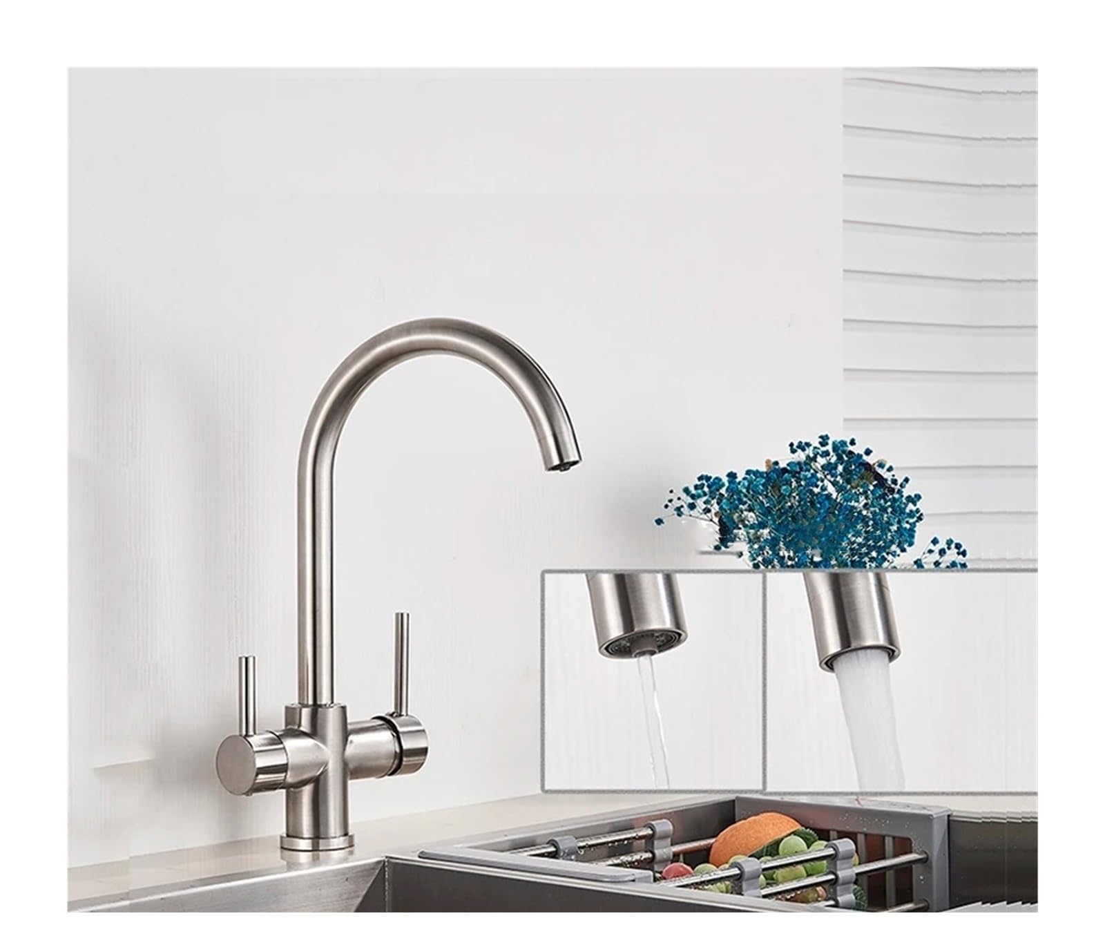 DFGHNBVC Brass Kitchen Sink Faucet, Faucet, Cold And Hot Mixed Drinking Water With Filter, Deck Installation, Double Handle Mixer Tap Faucet,Brushed