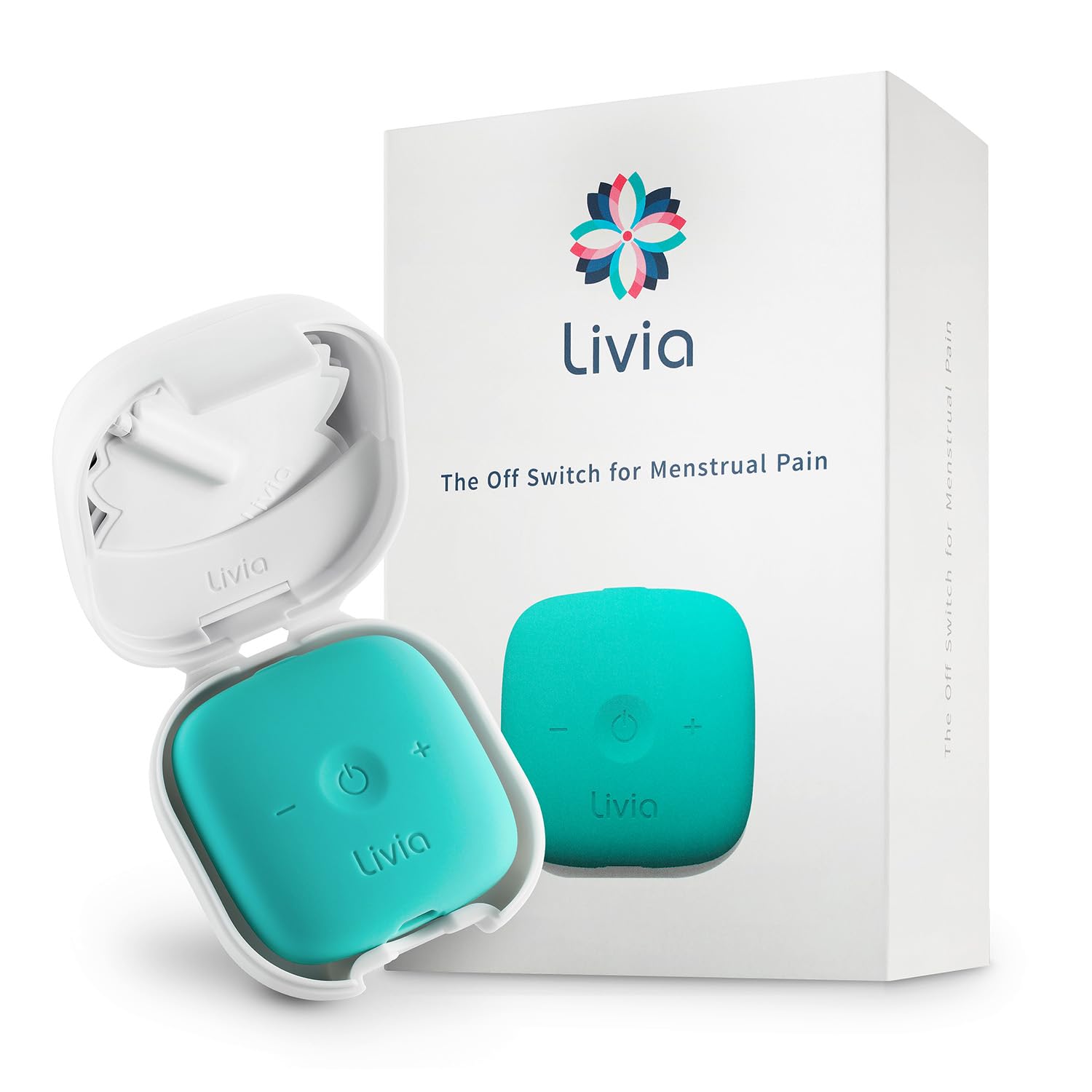 livia menstrual pain relief device blue-green  off-switch for period pain  portable amp discreet  rechargeable up to 12 hours battery  complete kit with stick-on pads  the go-to travel partner