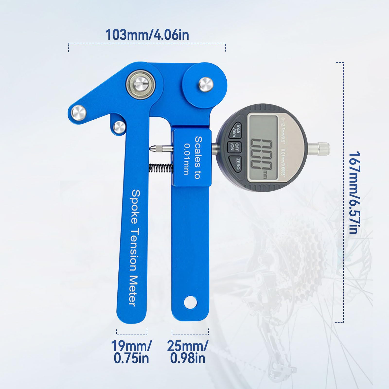 Fahrrad-Speichen-Spannungsmesser, Aluminiumlegierung, hohe Präzision, genaue Anzeige, Fahrrad-Speichenspannungsmesser mit Fahrradspeichenschlüssel-Werkzeug