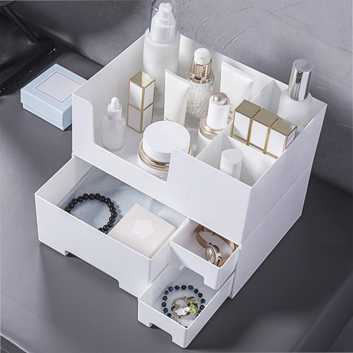 Organizer Cosmetici Trasparente Doppio Strato e Scatola Porta Oggetti per Trucco e Gioielli, Contenitore da Scrivania per Bagno e Ufficio