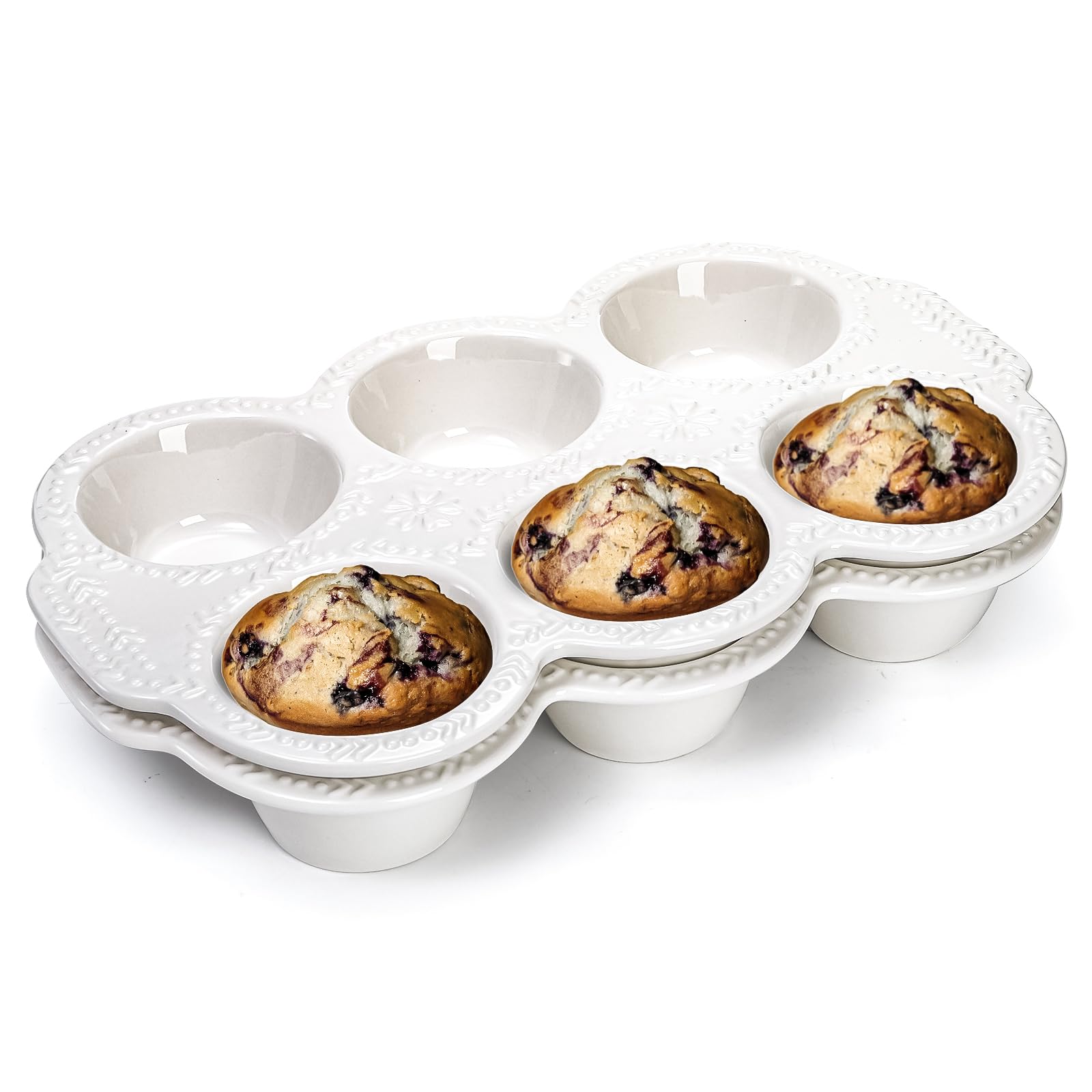 Hiceeden 2 Stück 6 Tassen Keramik Muffinform Antihaft Cupcake Backformen mit Griff Keramik Muffinform mit geprägtem Muster für Muffin Cupcake Weiß