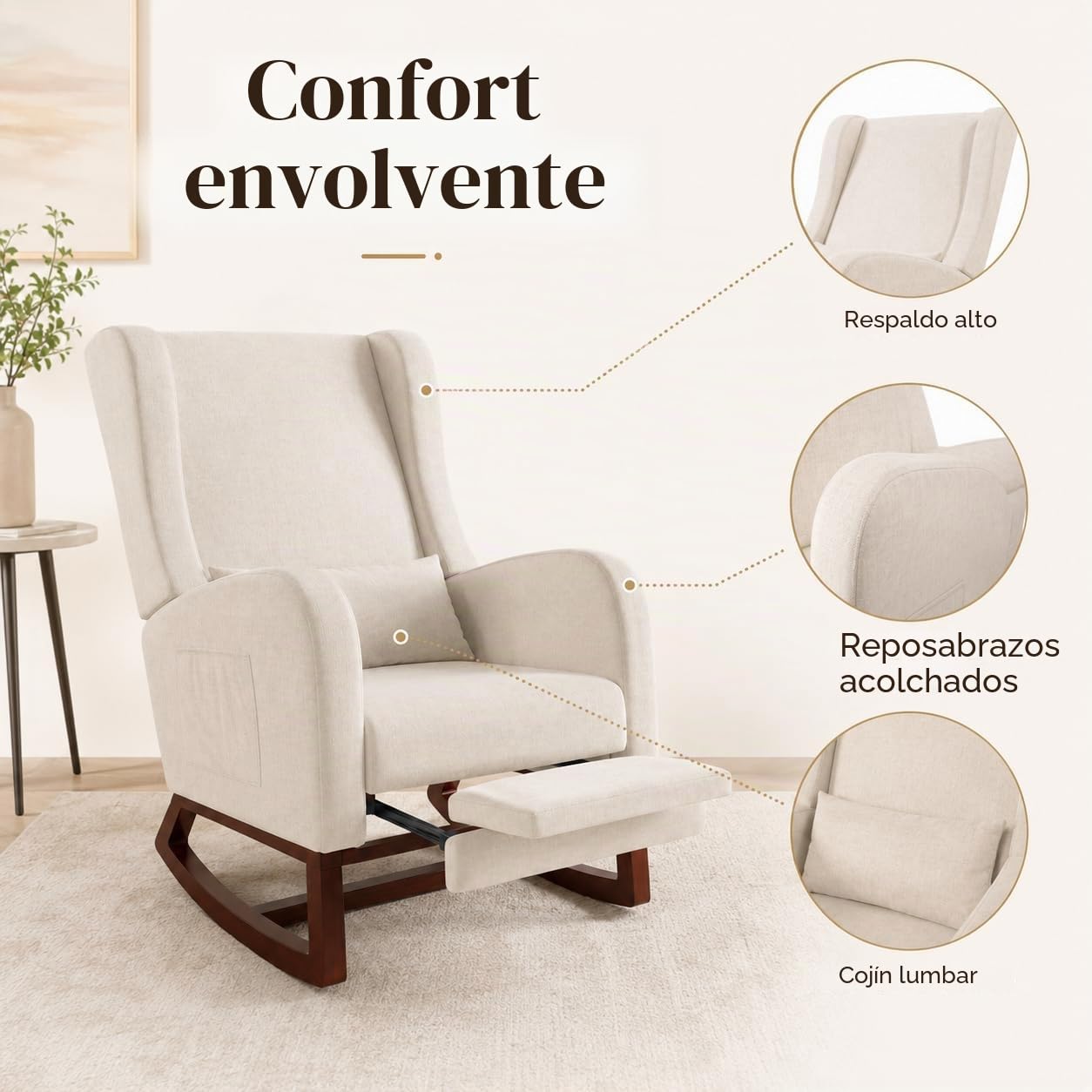 Silla mecedora con reposapiés, sillón oscilante con taburete, cómodo sillón de lactancia para amamantar, con base de madera, 2 bolsillos laterales, 1 cojín lumbar, para salón dormitorio, beige