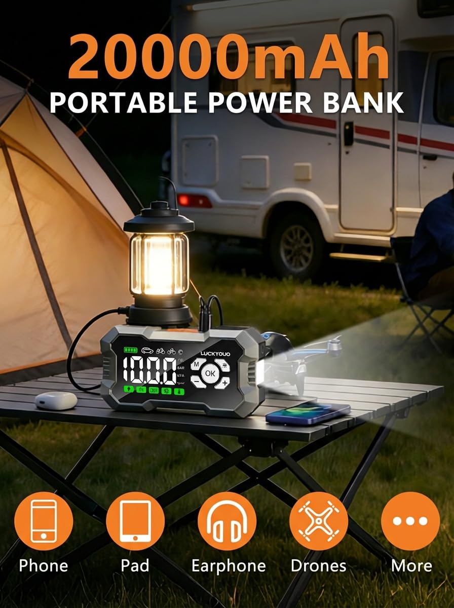 LUCKYDUO Arrancador 8000A con Compresor 160PSI, 20000mAh | Arrancador 2-en-1 con compresor 160PSI, 8000A, 4 modos, pantalla LED, 20000mAh, linterna LED 4 modos, kit completo