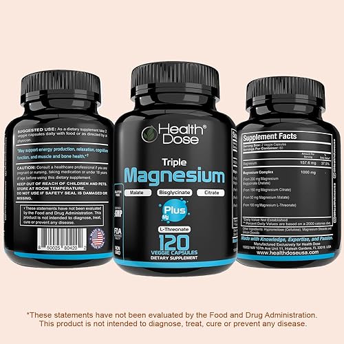 Miniatura 6 de Health Dose Triple Magnesium Complex 1000 mg  Mezcla de L-treonato, bisglicinato, citrato y malato  Apoyo para la relajación muscular, el sueño y la