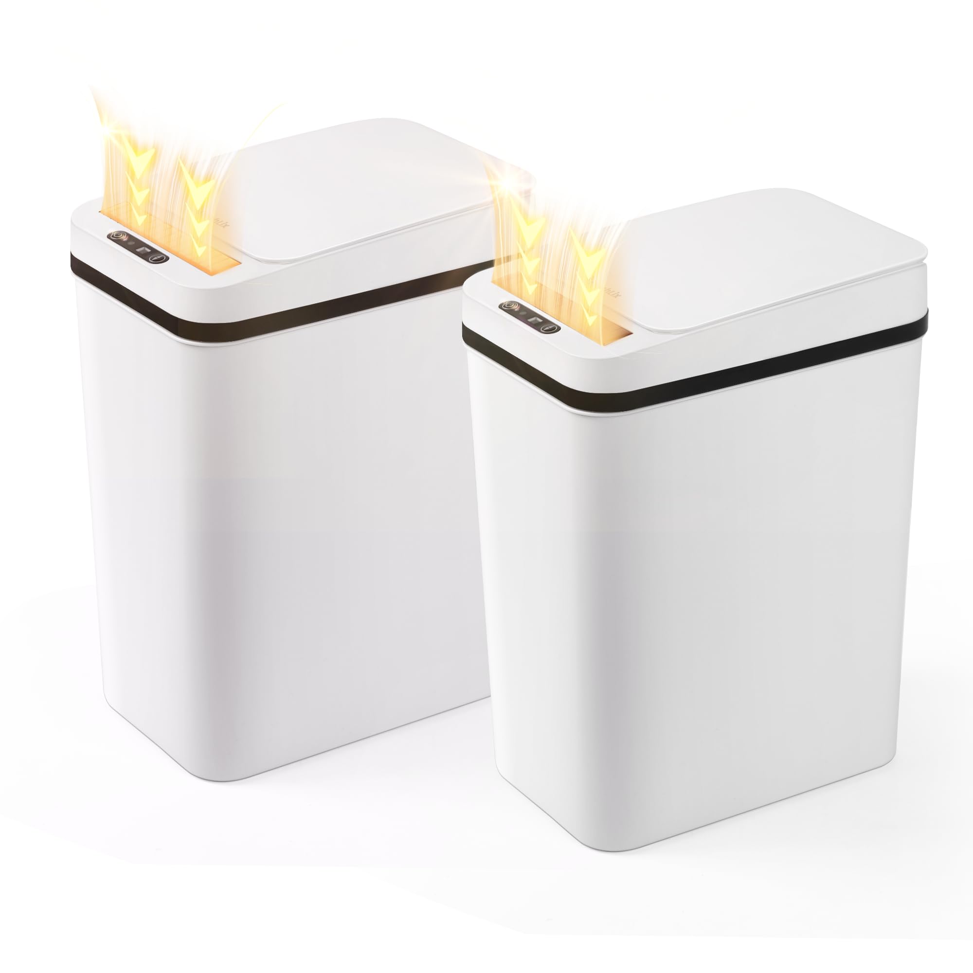 FreshLix 2.6 Gallon Waterproof Rechargeable Automatic Bathroom Garbage Can with Light Solar Energy Receiving Panel, 2 Pack Slim Motion Sensor Plastic Narrow Trash Bin for Bedroom