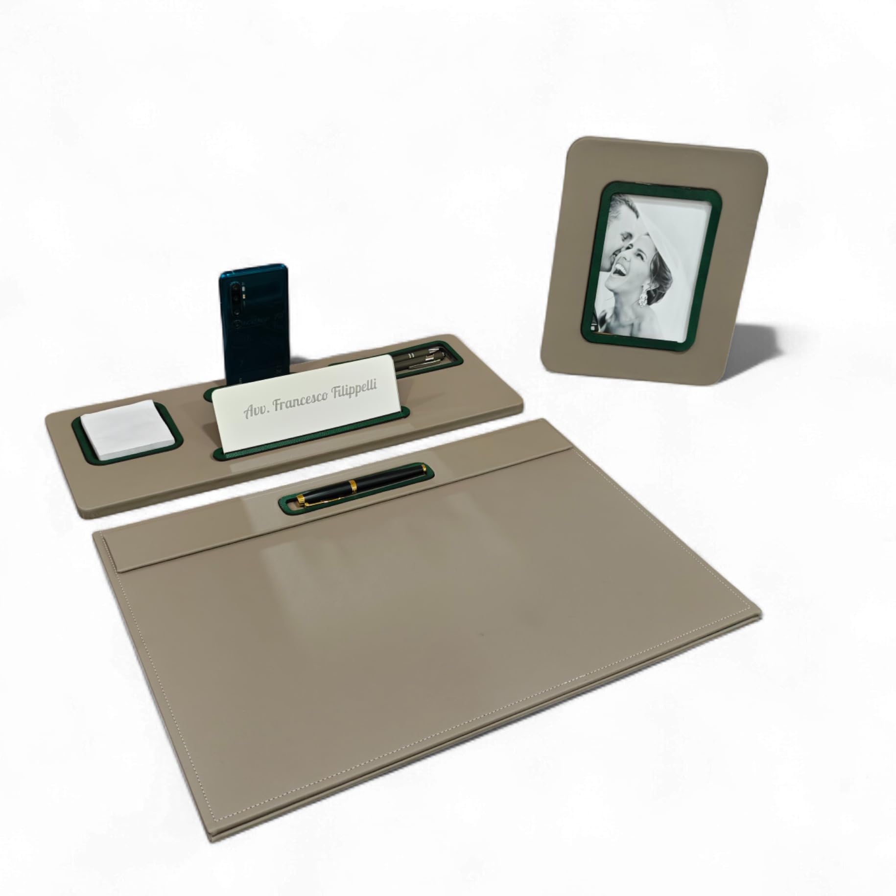 Oggettando Set Scrivania in eco pelle PU TORTORA, 5in1 Organizer con Sup. smartphone, Porta Penne, Porta bigliett, Portacarte ades, Cavaliere person, Sottomano, Portafoto Ufficio, Casa (PU VERDE)