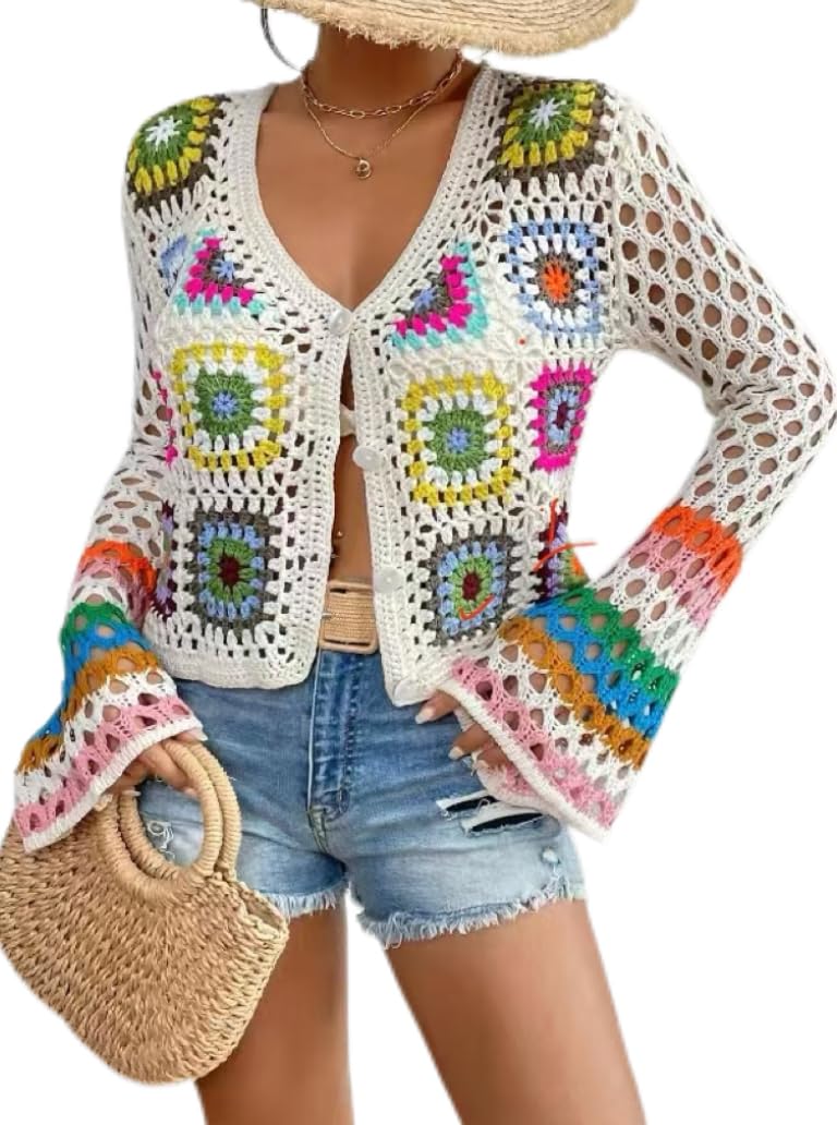 Womens White Multi-Color Bell Sleeves Boho Crochet Cardigan Square Floral Pattern Sweater