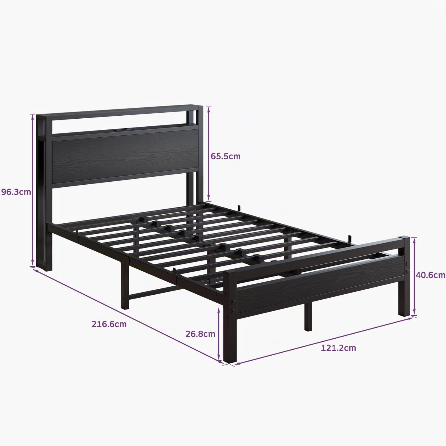 HOJINLINERO Telaio letto in metallo 120 x 200 cm, con rete a doghe e funzione di ricarica USB, letto moderno per gli ospiti, 120 x 200 cm, con testiera, telaio in metallo e legno, per camera da letto