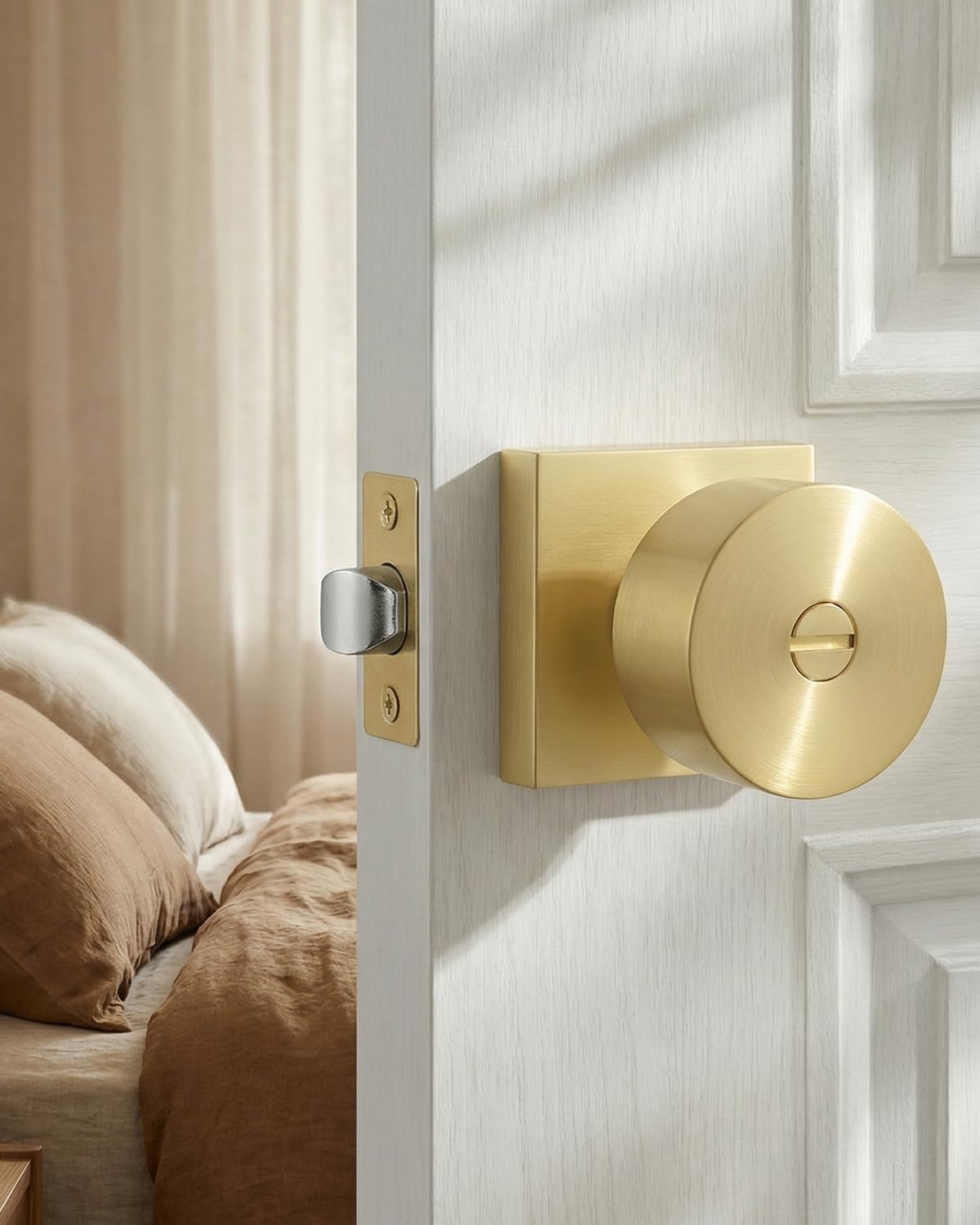 Goldenwarm Gold Door Knob Interior, Zinc-Alloy Square Privacy Door Knob for Bedroom & Bathroom, Heavy Duty Brushed Gold Interior Door Knobs (1 Pack)