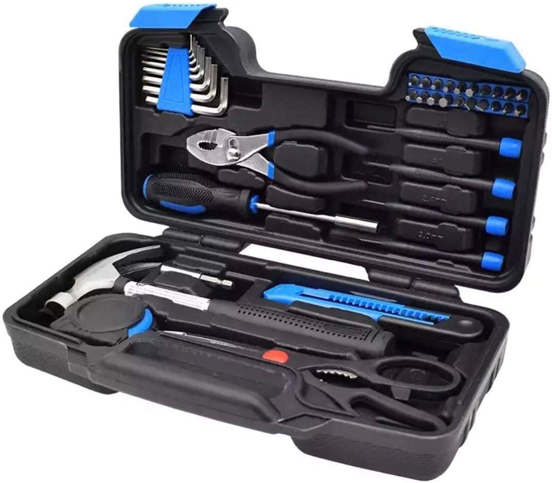 39 Piece Household Tool Set with Plastic Blow Molded Case, Basic Reached Hand Tools for Home/Office/Dorm/Apartment/Garage Repair, Incl. Pliers/Screwdriver/Claw Hammer/Scissors/Tape Measure