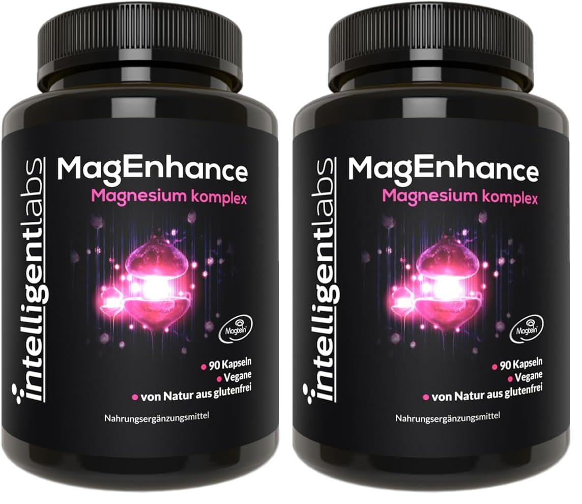 Intelligent Labs MagEnhance Magtein® Magnesium L Threonate Komplex Hochdosiert Magnesium Complex Magnesiumglycinat Taurat, 90 Kapseln (Packung mit 2)