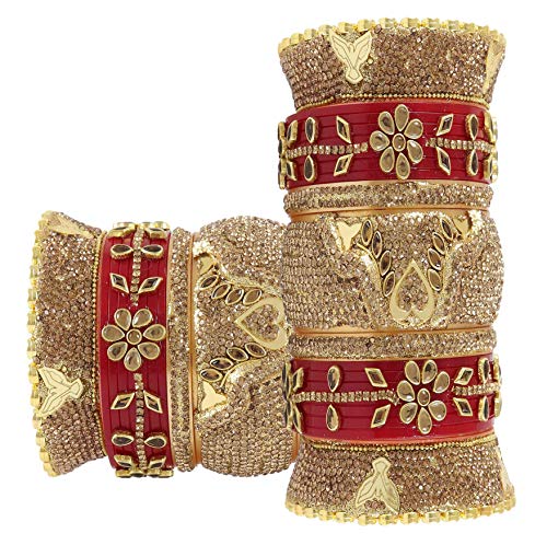 Image of NMII Traditional Gold Plated Acrylic Bangles Bridal Chuda Set For Women & Girls with Zircon Diamond & Pearls Beads Work | Royal Wedding Chudas | Premium Look | Bangles For Wedding, Festive, Function