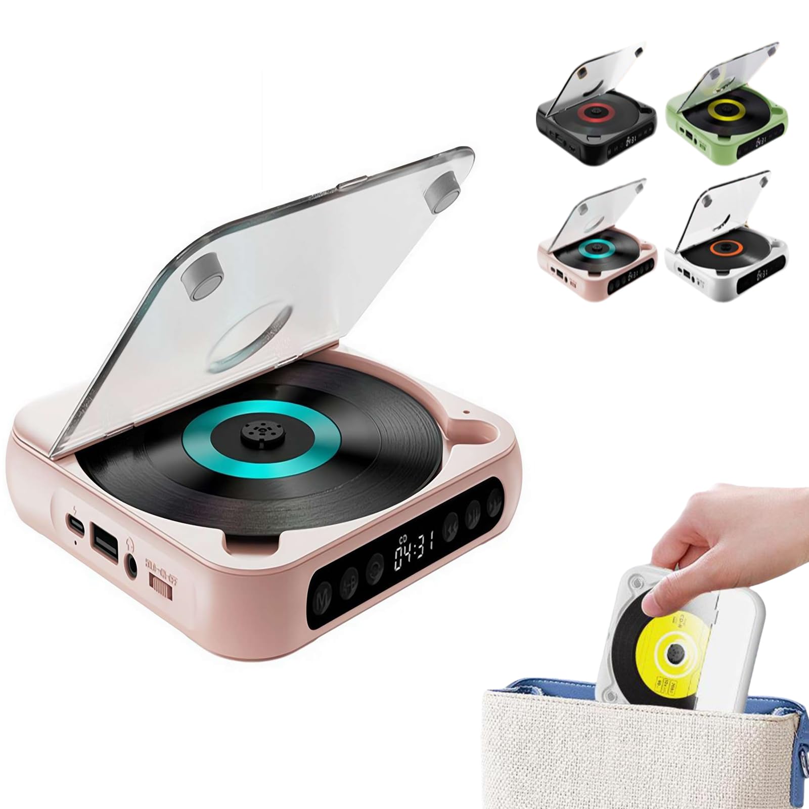 Lettore CD portatile compatibile Bluetooth, batteria ricaricabile, suono Hi-Fi. Batteria da 2000mAh. Carica tramite tipo-C. Supporto MP3/CD/CD-R. Compatto per auto e casa