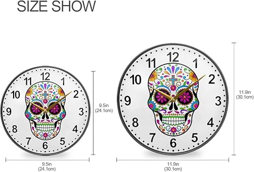 Miniatura 2 de ALAZA Dia De Muertos - Reloj de pared con calavera de azúcar mexicana, funciona con pilas, silencioso, sin tictac, para decoración de sala de estar,