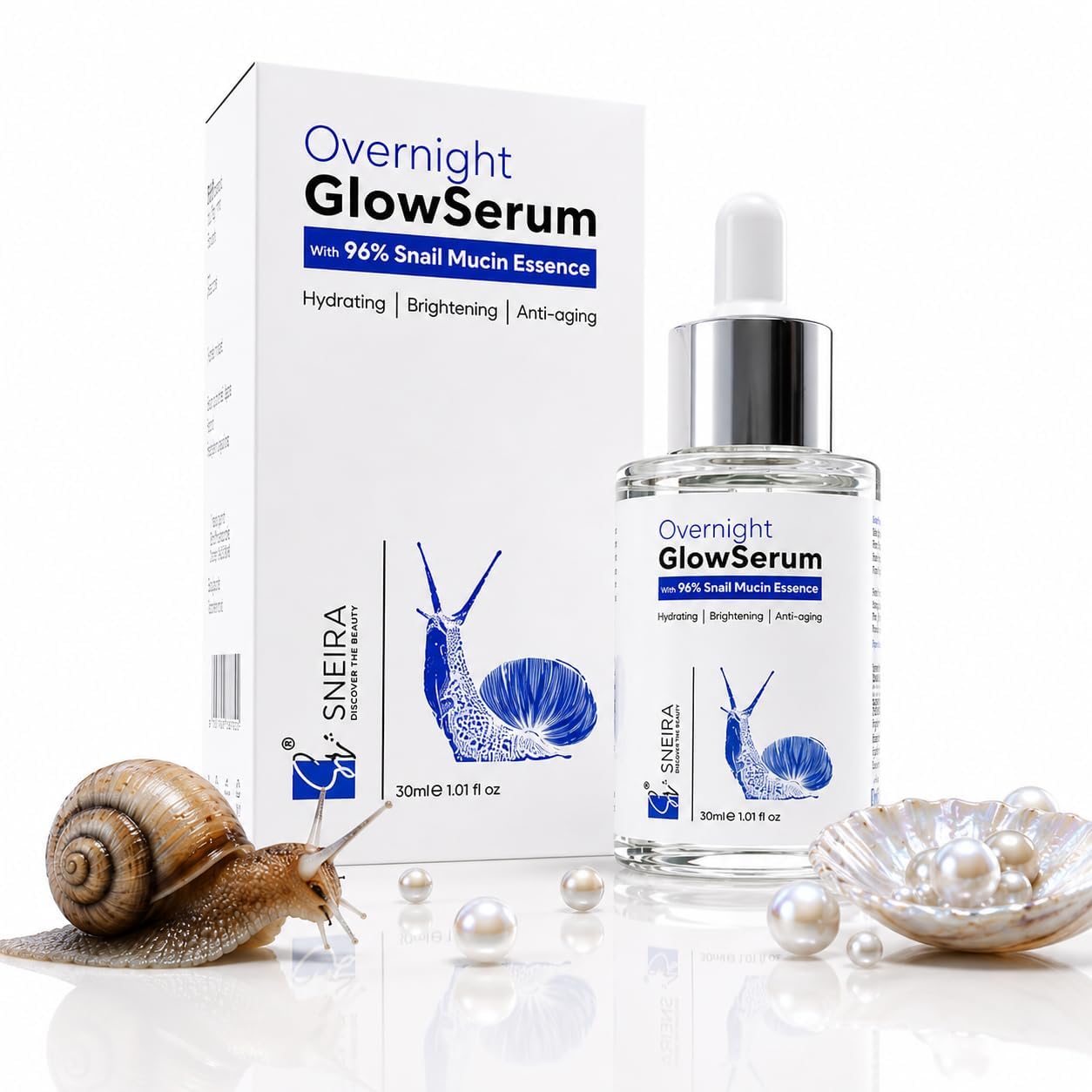 SNEIRA Snail Mucin 96% Face Serum 30ml | Korean Glass Skin Serum with Niacinamide & Hyaluronic Acid | Hydrating, Brightening & Anti-Aging Serum for Women & Men | Lightweight, Non-Sticky