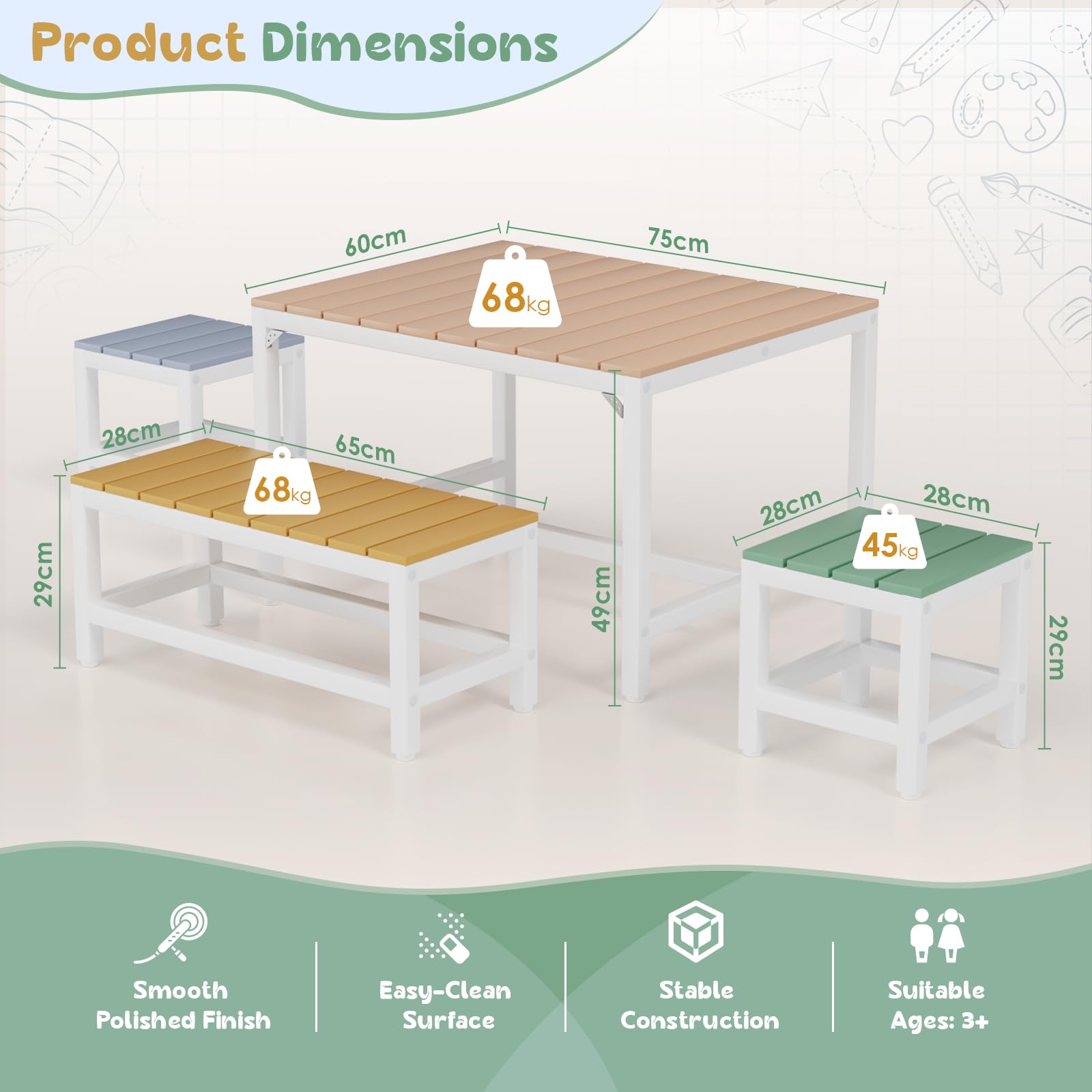 MAMIZO Kindertisch Pappelholz Massivholz, Kinder Tisch Stuhl Set Garten mit wasserdichte Abdeckung, Basteltisch Innenbereich mit 3 PCS Hocker, Kinder-Sitzgarnitur Picknick-Gruppe ab 3 Jahre, Bunt