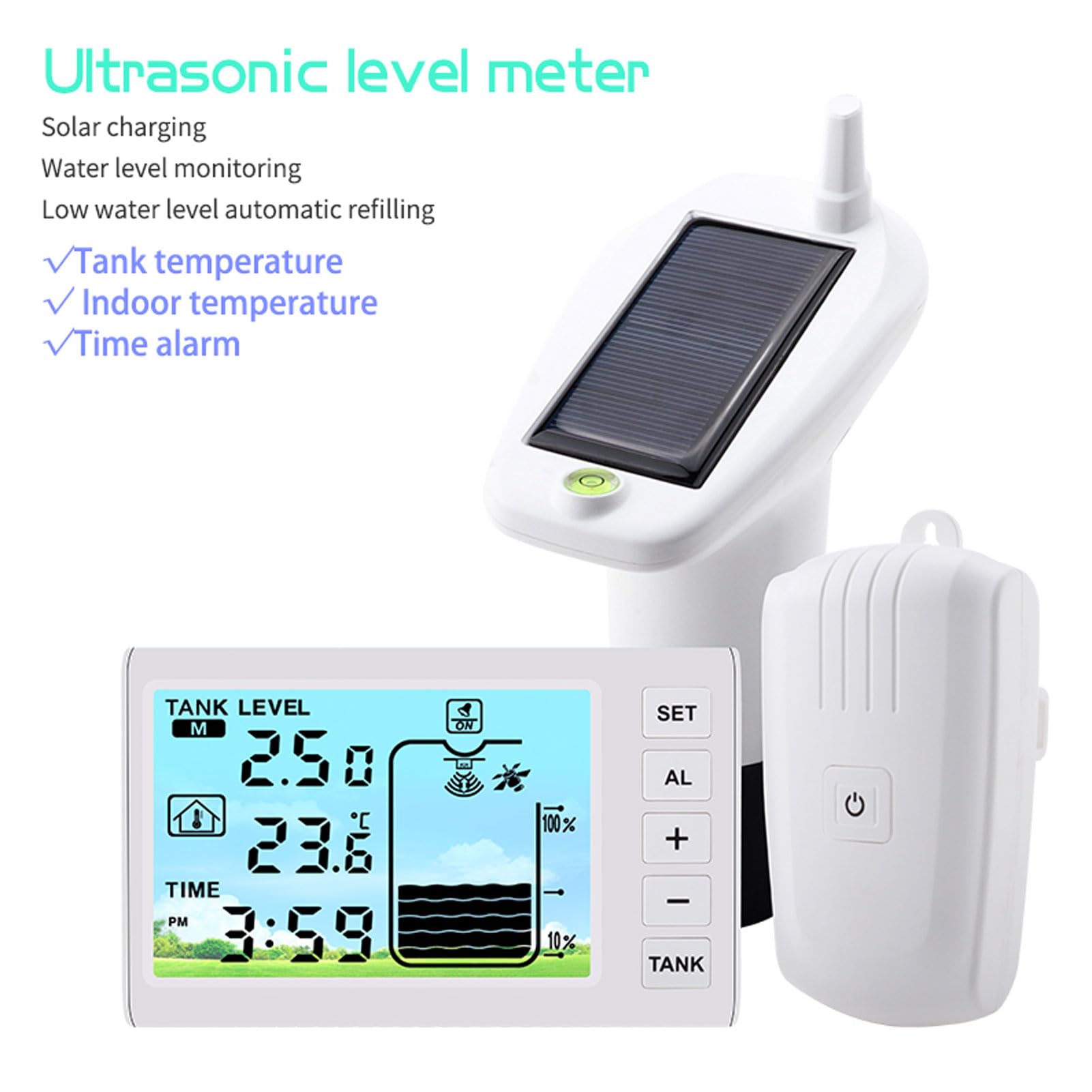 Luocute Sensor de Nivel Ultrasónico AC110-230V | Medidor de nivel de líquido inalámbrico WiFi con carga Solar para tanque de agua, pantalla 3 en 1 alarma alta y baja, caja